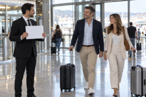 Driver welcoming two passengers with luggage in an airport arrivals hall