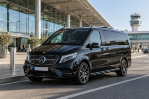 Mercedes van outside an airport terminal