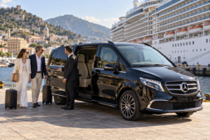 Driver welcoming cruise passengers beside a private van