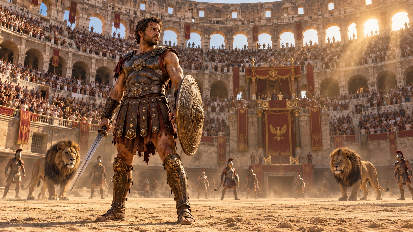 Artistic reconstruction of a gladiator on the Colosseum arena