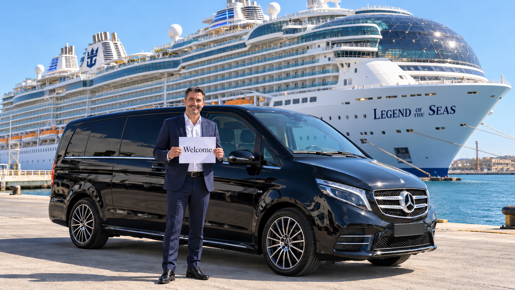 Chauffeur welcoming cruise guests beside a Mercedes V-Class at Civitavecchia Port