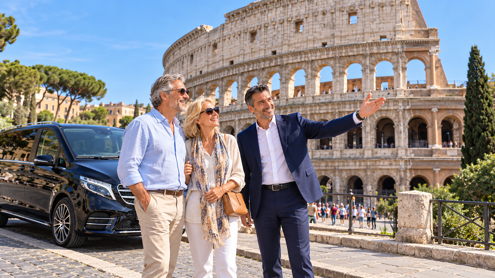 Guests enjoying a private Rome tour at the Colosseum with their chauffeur
